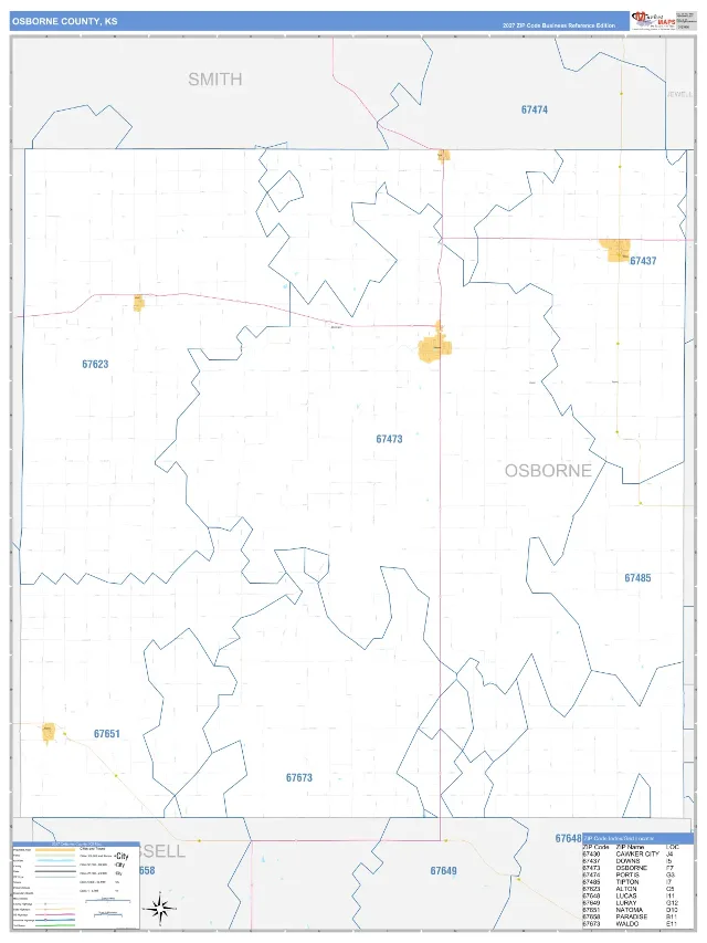 Osborne County, KS ZIP Code Wall Map, Business Reference style