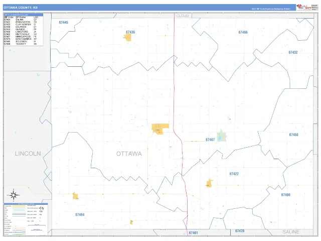 Ottawa County, KS ZIP Code Wall Map, Business Reference style