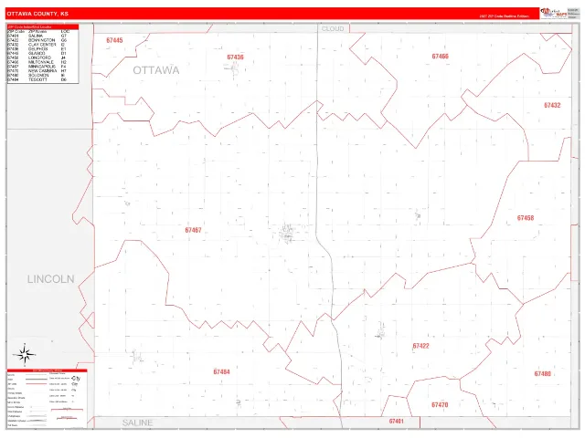 Ottawa County, KS ZIP Code Wall Map, RedLine style