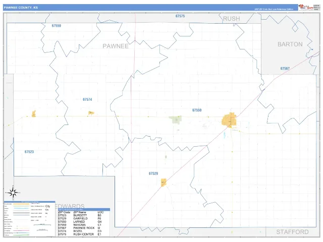 Pawnee County, KS ZIP Code Wall Map, Business Reference style