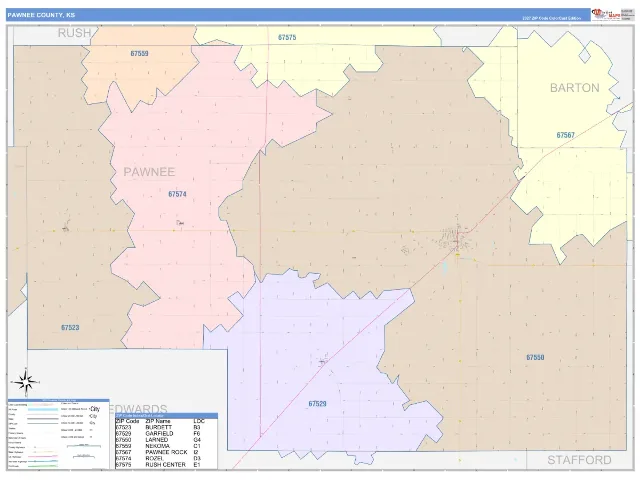 Pawnee County, KS ZIP Code Wall Map, ColorCast style