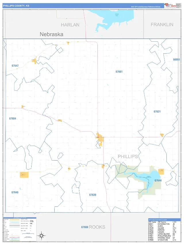 Phillips County, KS ZIP Code Wall Map, Business Reference style