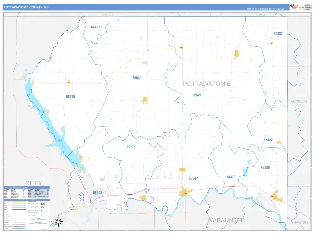 Pottawatomie County, KS ZIP Code Wall Map, Business Reference style