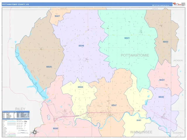 Pottawatomie County, KS ZIP Code Wall Map, ColorCast style