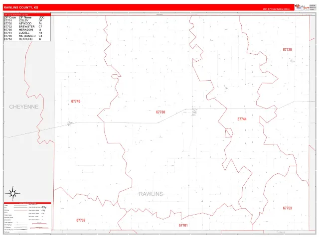 Rawlins County, KS ZIP Code Wall Map, RedLine style
