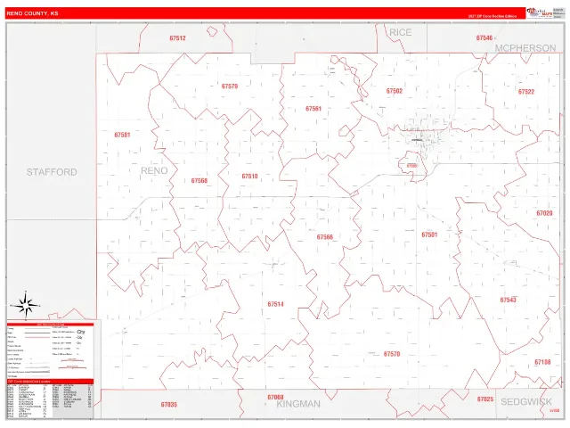 Reno County, KS ZIP Code Wall Map, RedLine style