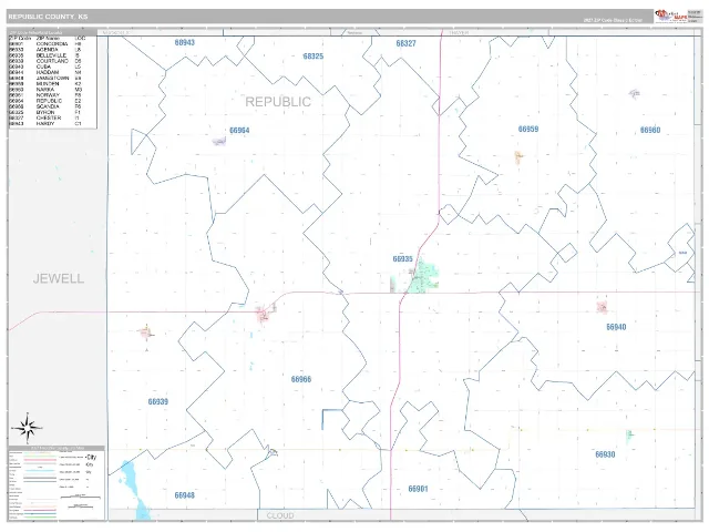 Republic County, KS ZIP Code Wall Map, Classic style