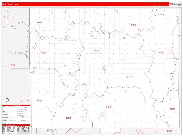 Rice County, KS ZIP Code Wall Map, RedLine style