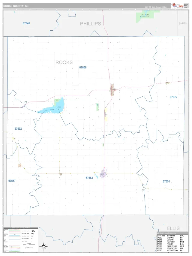 Rooks County, KS ZIP Code Wall Map, Classic style