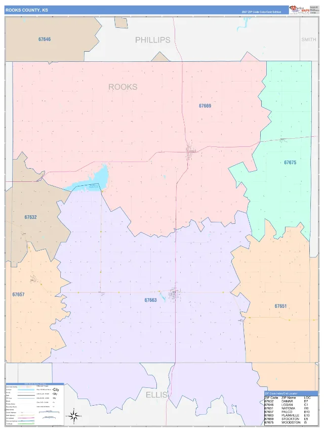 Rooks County, KS ZIP Code Wall Map, ColorCast style