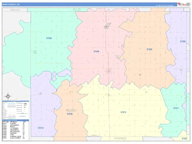 Rush County, KS ZIP Code Wall Map, ColorCast style