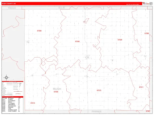 Rush County, KS ZIP Code Wall Map, RedLine style
