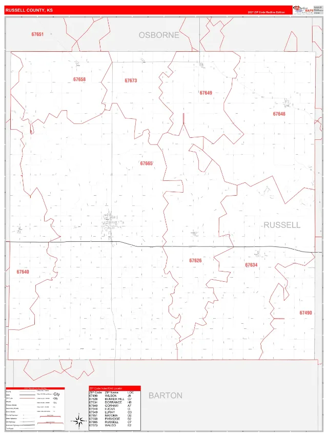 Russell County, KS ZIP Code Wall Map, RedLine style
