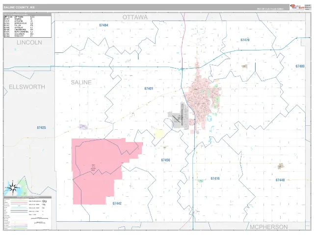Saline County, KS ZIP Code Wall Map, Classic style