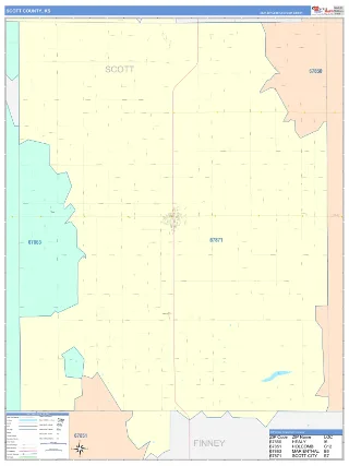 Scott County, KS ColorCast style ZIP Code wall map