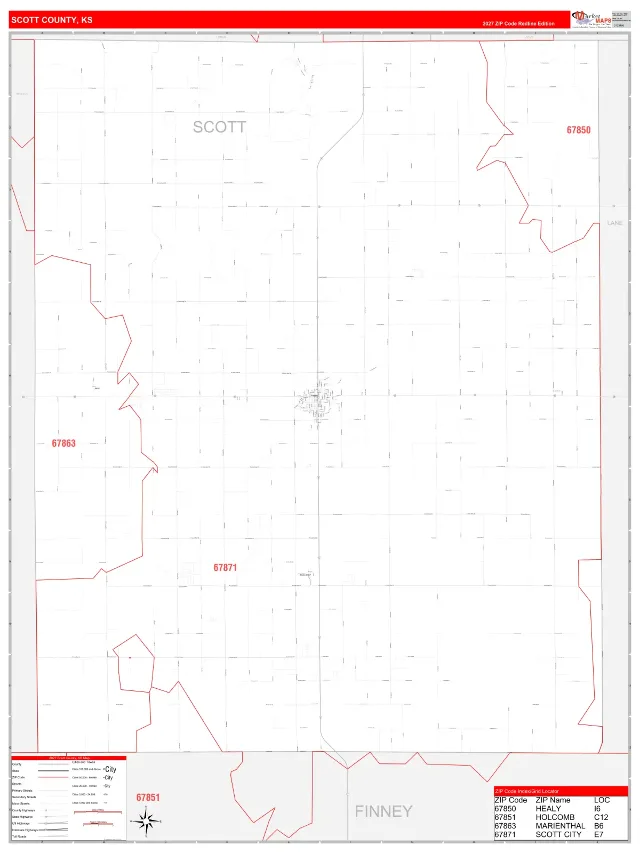 Scott County, KS ZIP Code Wall Map, RedLine style
