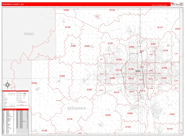 Sedgwick County, KS ZIP Code Wall Map, RedLine style