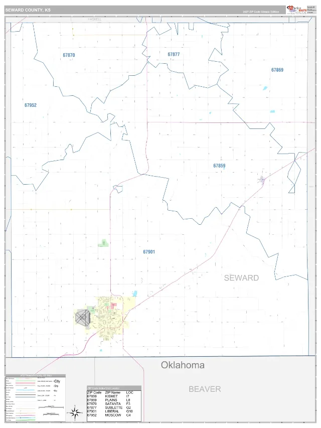 Seward County, KS ZIP Code Wall Map, Classic style