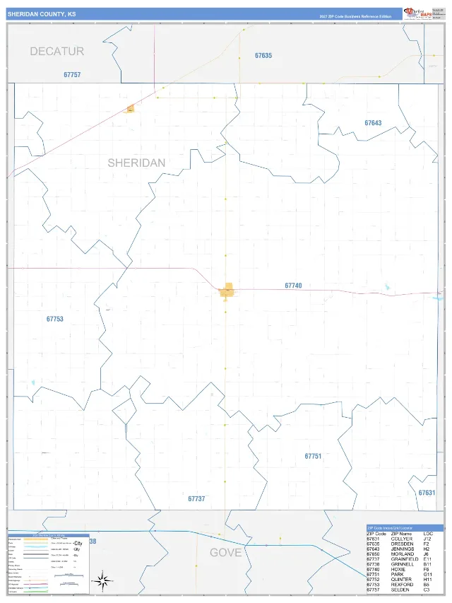 Sheridan County, KS ZIP Code Wall Map, Business Reference style