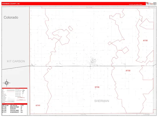 Sherman County, KS ZIP Code Wall Map, RedLine style