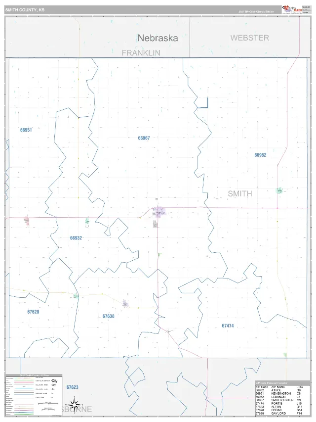 Smith County, KS ZIP Code Wall Map, Classic style