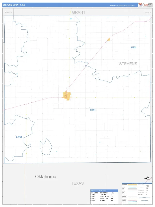 Stevens County, KS ZIP Code Wall Map, Business Reference style