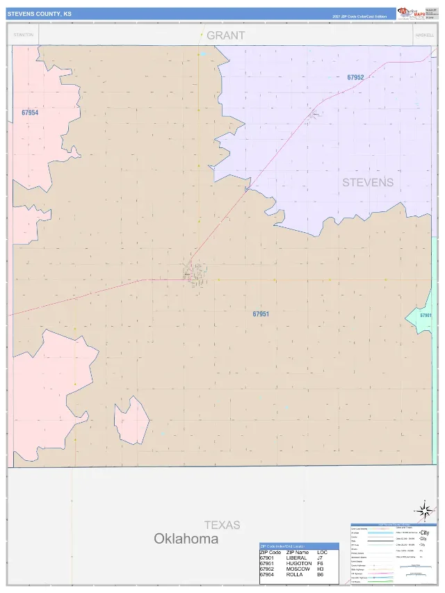 Stevens County, KS ZIP Code Wall Map, ColorCast style