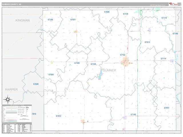 Sumner County, KS ZIP Code Wall Map, Classic style