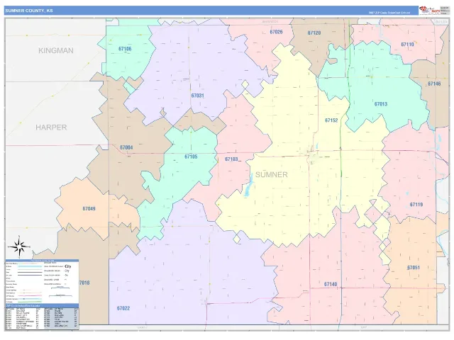 Sumner County, KS ZIP Code Wall Map, ColorCast style