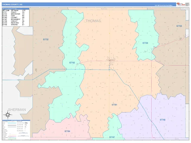 Thomas County, KS ZIP Code Wall Map, ColorCast style