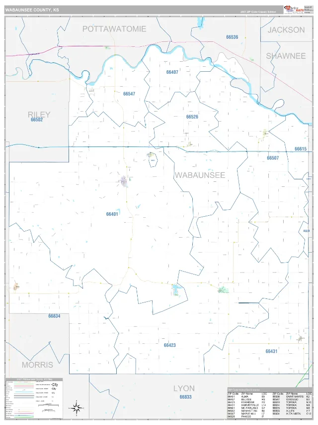 Wabaunsee County, KS ZIP Code Wall Map, Classic style
