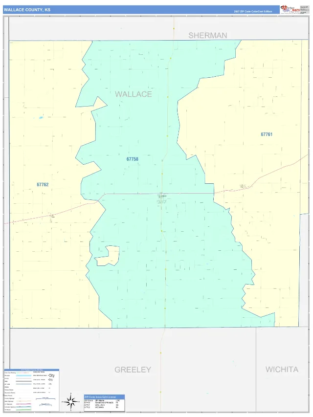 Wallace County, KS ZIP Code Wall Map, ColorCast style