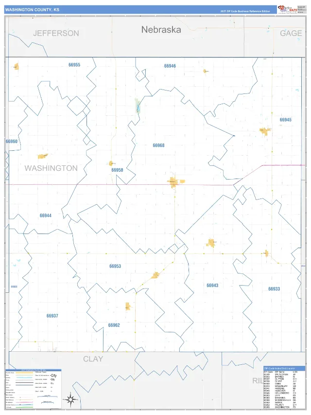Washington County, KS ZIP Code Wall Map, Business Reference style