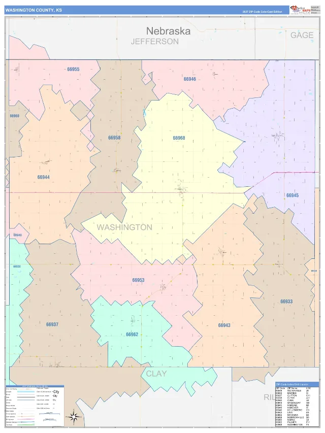 Washington County, KS ZIP Code Wall Map, ColorCast style