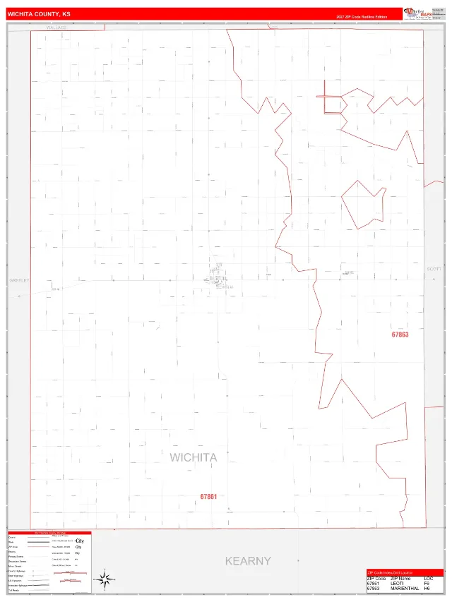 Wichita County, KS ZIP Code Wall Map, RedLine style