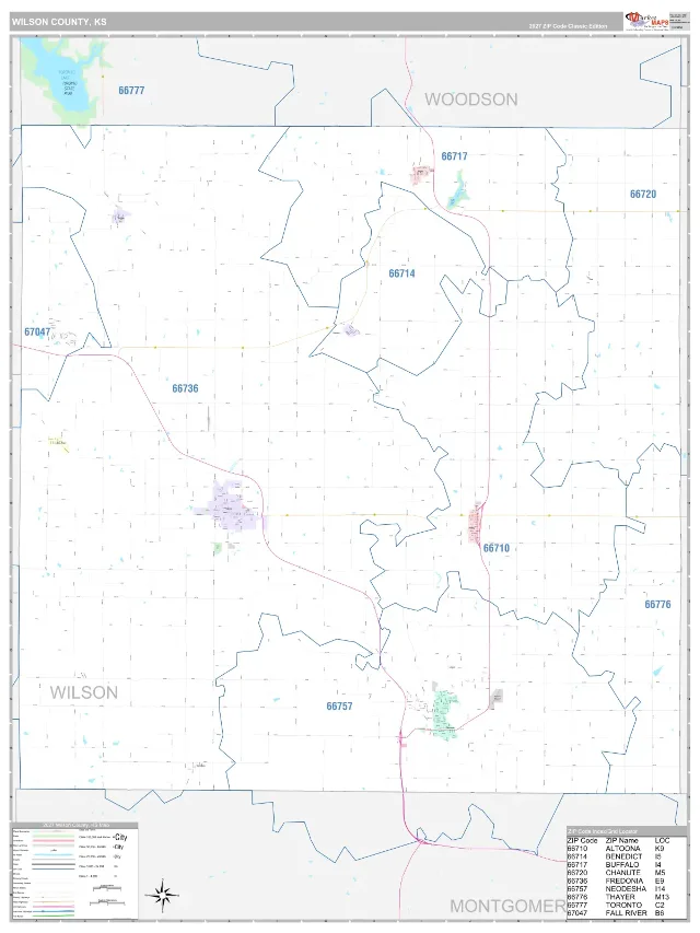 Wilson County, KS ZIP Code Wall Map, Classic style