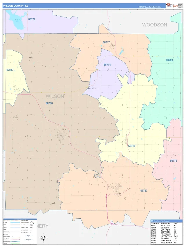 Wilson County, KS ZIP Code Wall Map, ColorCast style