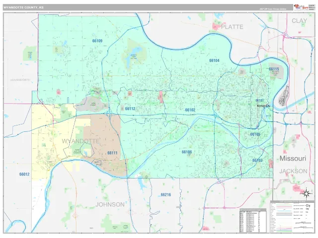 Wyandotte County, KS ZIP Code Wall Map, Classic style
