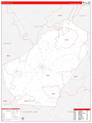 Adair County, KY RedLine style ZIP Code wall map
