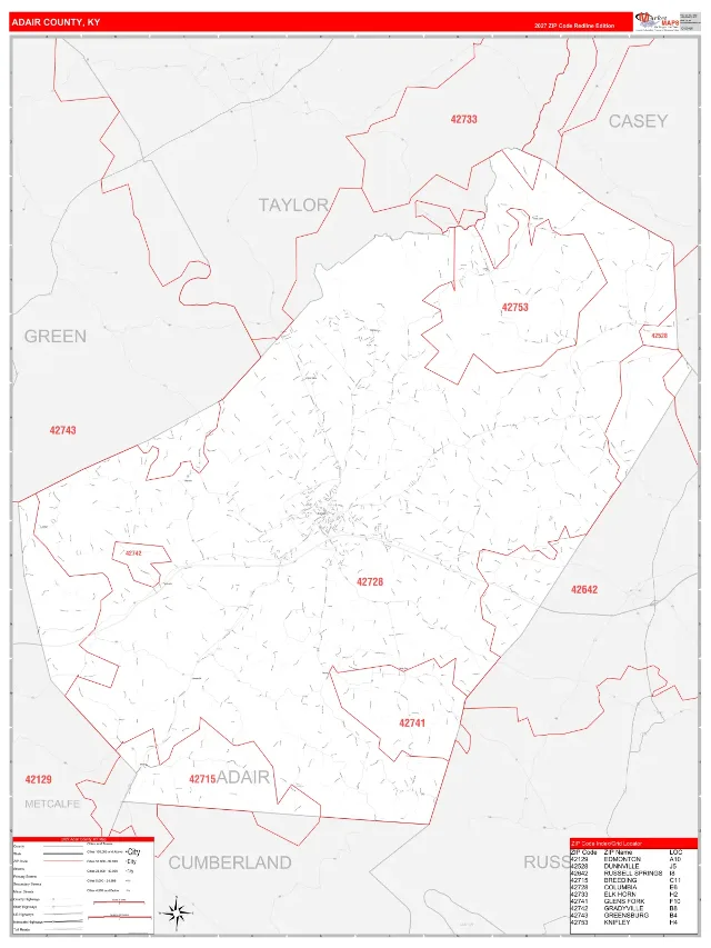 Adair County, KY ZIP Code Wall Map, RedLine style