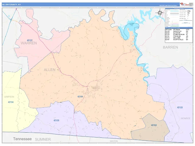 Allen County, KY ZIP Code Wall Map, ColorCast style