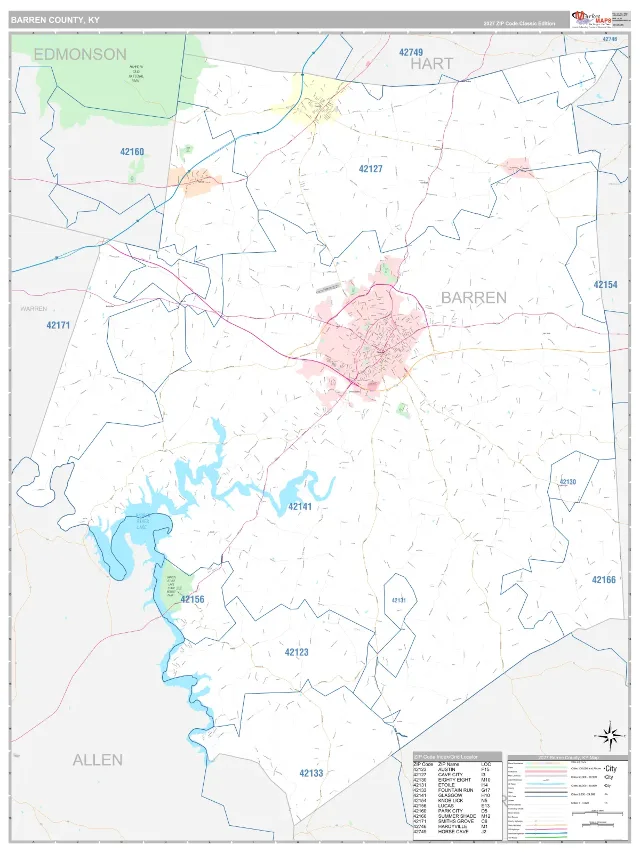 Barren County, KY ZIP Code Wall Map, Classic style