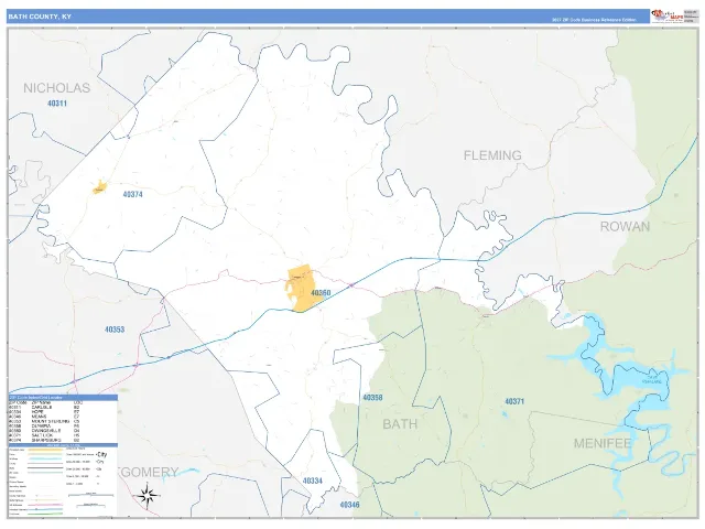 Bath County, KY ZIP Code Wall Map, Business Reference style