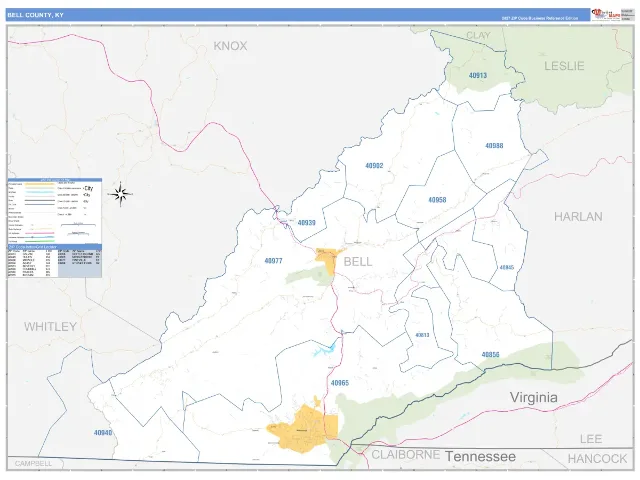 Bell County, KY ZIP Code Wall Map, Business Reference style