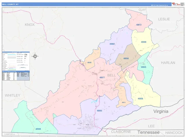 Bell County, KY ZIP Code Wall Map, ColorCast style