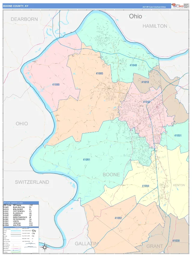 Boone County, KY ZIP Code Wall Map, ColorCast style