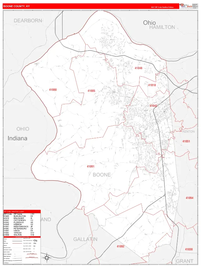 Boone County, KY ZIP Code Wall Map, RedLine style