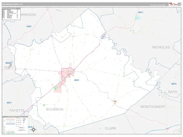 Bourbon County, KY ZIP Code Wall Map, Classic style