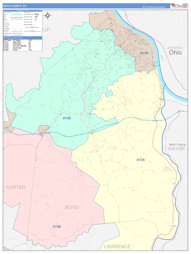 Boyd County, KY ZIP Code Wall Map, ColorCast style