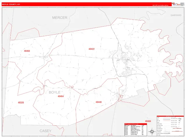 Boyle County, KY ZIP Code Wall Map, RedLine style